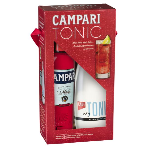 Campari liquor and tonic water gift product photography;