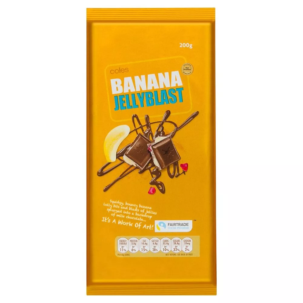 Coles Product Photography banana jellyblast chocolate bar;