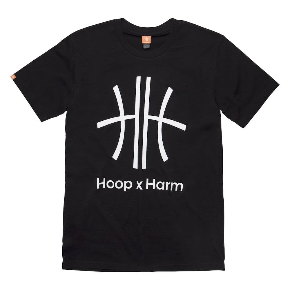 hoopxharm flatlay photography black logo tshirt;
