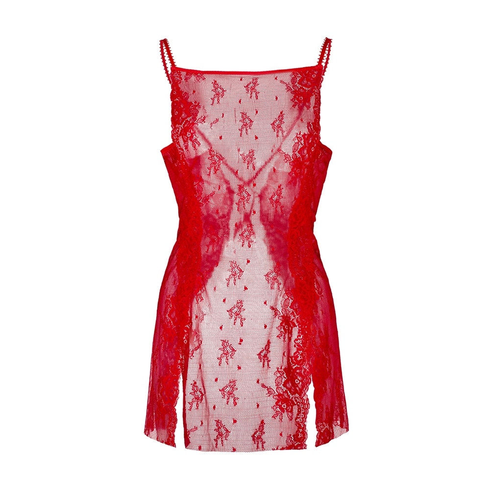 Karolina Couture Ghost Mannequin red lace slip;